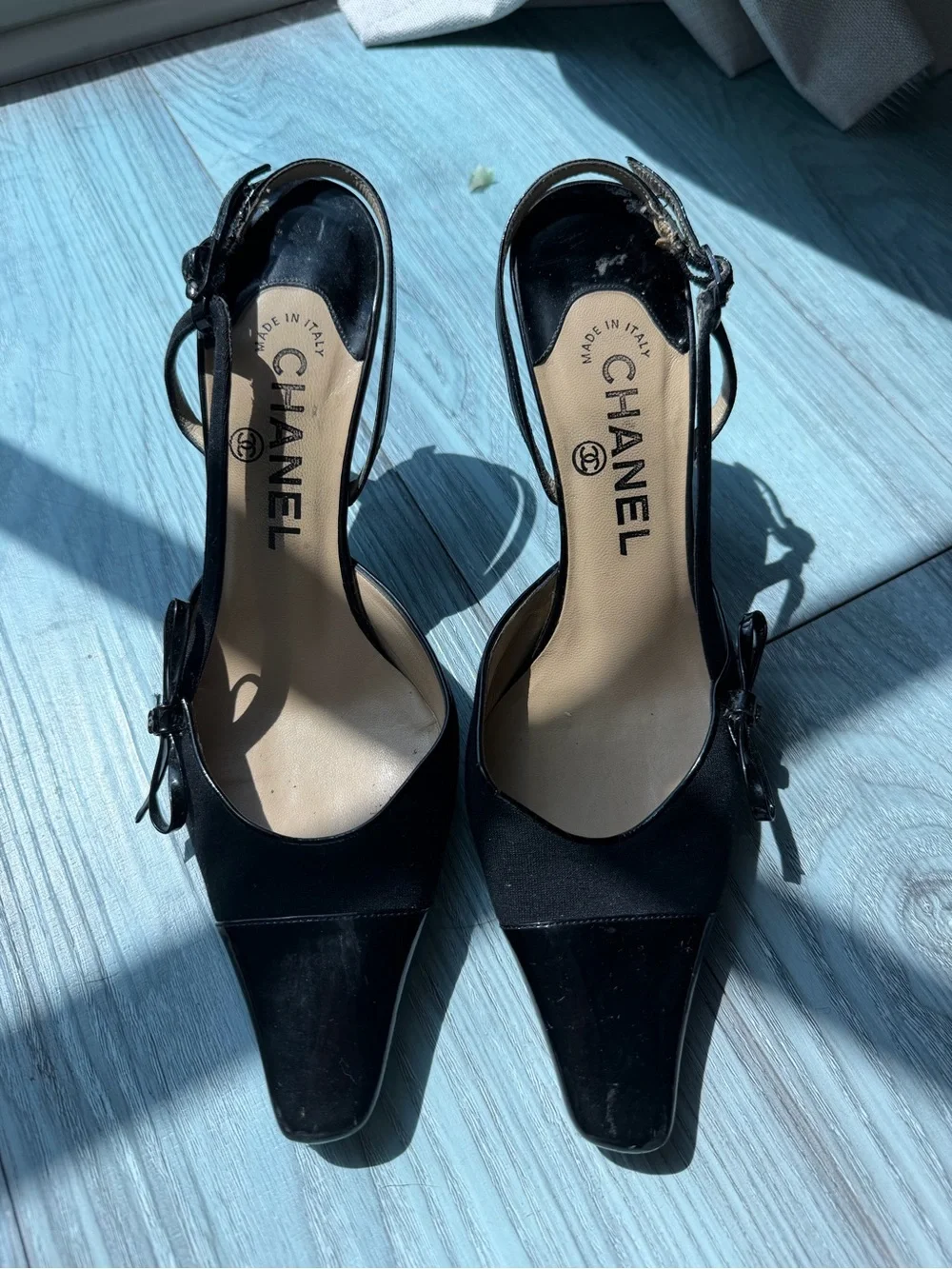 CHANEL Black Patent & Fabric Slingback Heels with Bow Accent
